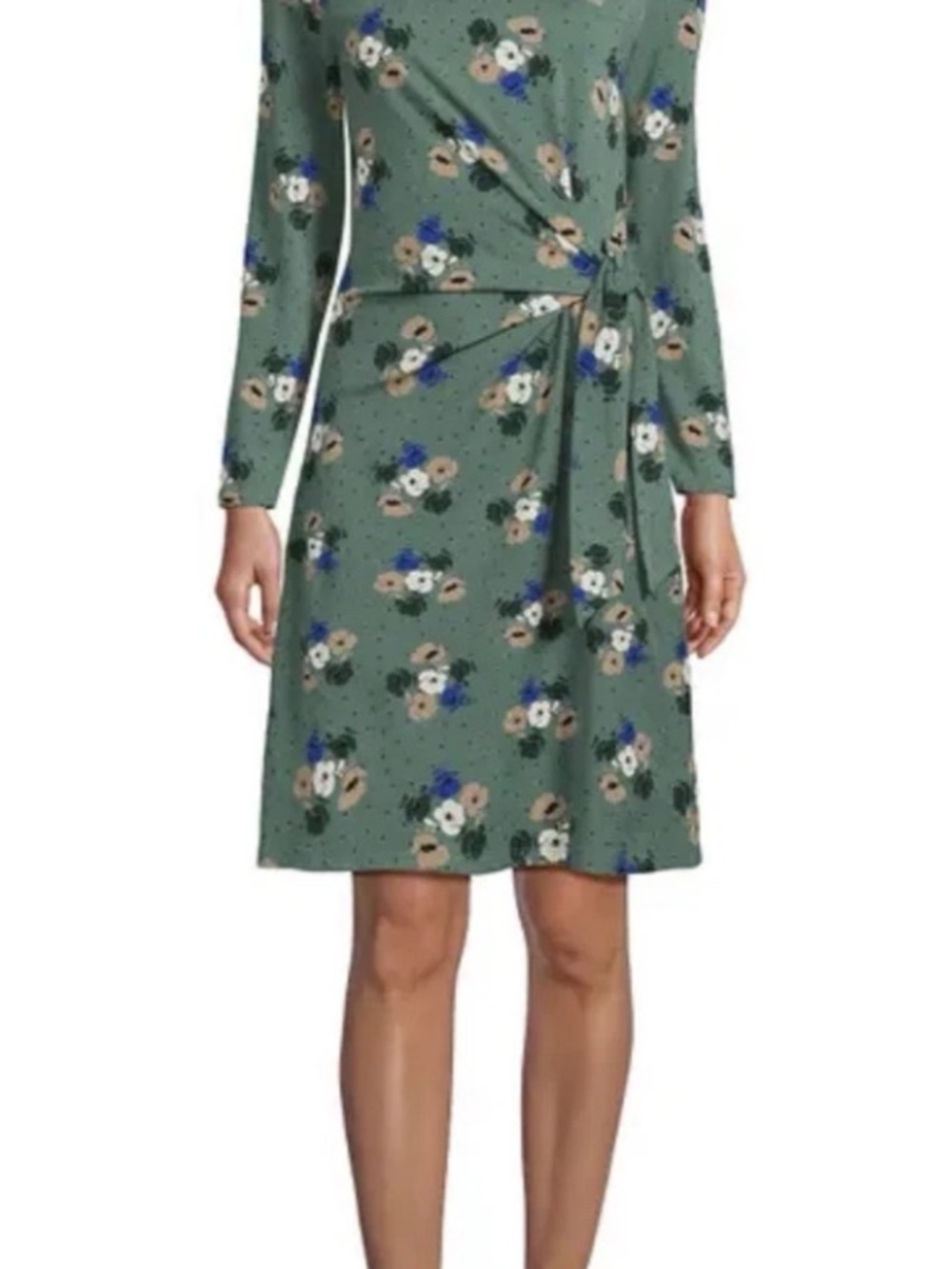 Lands End Women’s Green Floral Tie Waist Long Sleeve Dress Size Large